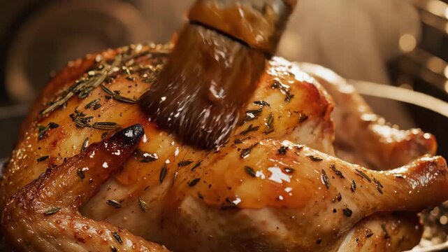 Succulent roast chicken brushed with flavorful glaze garnished with fresh herbs