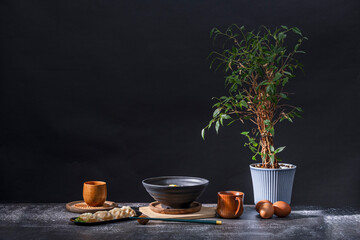 Photo of a plant next to some gyozas and raw eggs