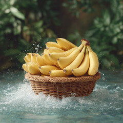 Fresh Yellow Bananas in a Woven Basket Surrounded by Splashing Water and Greenery