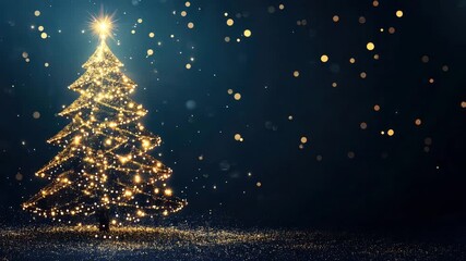 golden glittering shiny christmas tree on blue background animation - Powered by Adobe