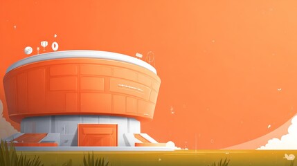 Illustration of a modern futuristic building with an orange and white color scheme against an orange sky