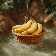 Fresh Bananas in a Woven Basket Surrounded by Tropical Water and Greenery