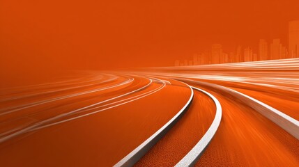 Abstract illustration of a curving road with speed streaks and cityscape in the background