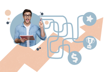 Composite photo collage of excited man hold notepad pen idea decision puzzle way choose star dollar cup isolated on painted background