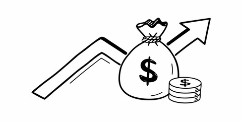 Doodle style drawing of money bag with dollar sign and coins with an upward trending arrow line
