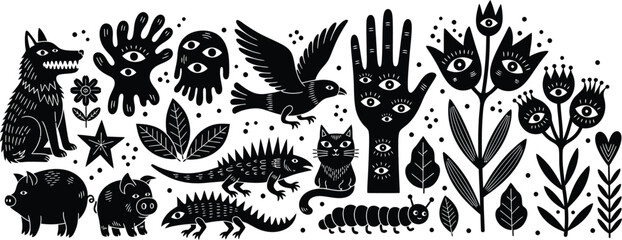 Black and white mystical animals and plants vector illustration