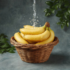 Fresh Bananas in Woven Basket with Water Splash on Textured Background