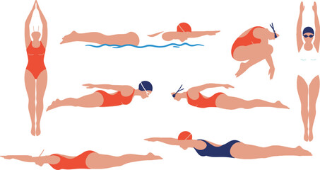 Swimming positions and techniques illustration diverse women