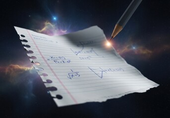 A torn piece of lined paper with handwritten mathematical formulas and equations floats in outer space, illuminated by a pencil tip