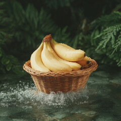 Fresh Yellow Bananas in a Woven Basket with Green Leaves Background and Water Droplets
