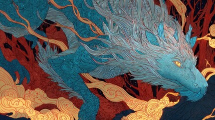 Artistic depiction of a mythical dragon in flight amidst stylized clouds and a fiery background