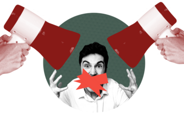 Trend artwork template design 3D collage sketch of young man angry scream loudspeaker strike placard human banner power resources citizen