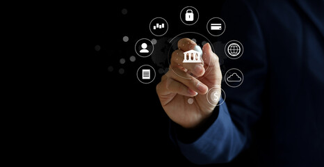 businessman hand use stylus pen to check private banking account application to using system function about checking stock market or transfer money worldwide for future tech concept