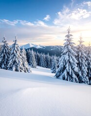 A breathtaking winter scene showcasing snow-covered evergreen trees, rolling hills, and distant mountain peaks under a bright, partly cloudy sky