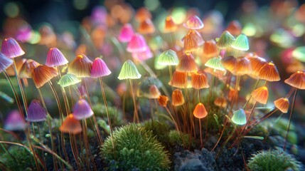 Close up of vibrant glowing mushrooms growing in a lush green environment