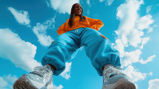 Young black woman expressing joy and confidence, wearing colorful streetwear clothing with sneakers, viewed from a low angle against a vibrant blue sky with white clouds