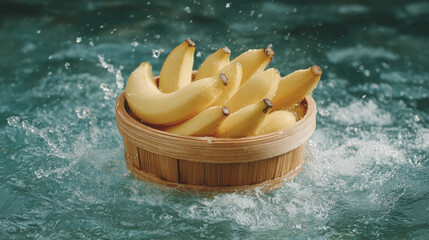 Fresh Yellow Bananas in a Wooden Basket Surrounded by Splashes of Water