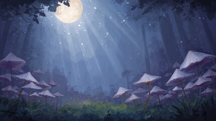 Full moon illuminates fantasy forest with mushrooms and serene blue lighting