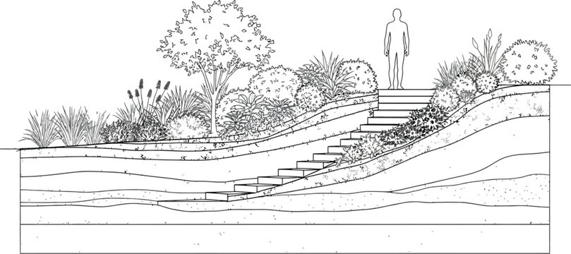 Landscape design shows terraced garden with stairs and plants