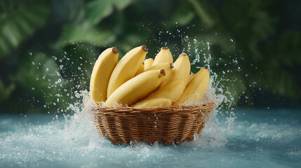 Fresh Bananas in Splashing Water Surrounded by Lush Green Foliage