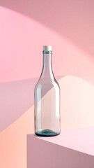 Empty glass bottle standing on pastel background, minimalist still life with soft light and clean aesthetic