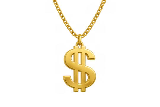 Golden dollar sign pendant hanging from a gold chain necklace, symbolizing wealth, finance, and success on transparent background