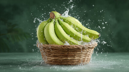 Fresh Green Bananas Splashing Water in a Natural Setting with a Rustic Basket