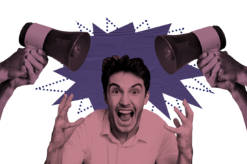 Creative artwork template sketch 3D collage of hand hold loudspeaker young man scream angry professional entrepreneur job vacancy manager