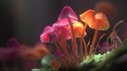 Close up of vibrant colorful mushrooms in a dark moody environment with soft lighting