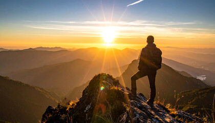 Silhouette of a person standing on a mountain peak during sunrise, representing motivation, freedom, and achievement