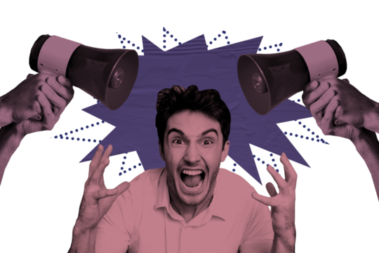 Creative artwork template sketch 3D collage of hand hold loudspeaker young man scream angry professional entrepreneur job vacancy manager