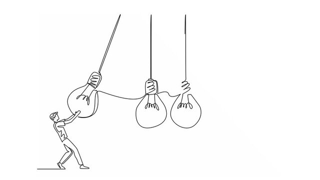 Animation of a single one line drawing a businessman holds a lightbulb and swings it at 4 lightbulbs in a row. Symbolism of throwing opinions. National Creativity Day. Full length motion