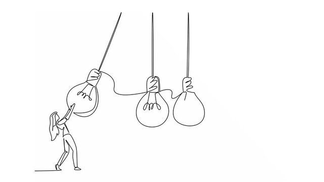 Self drawing animation of continuous one line drawing a businesswoman holds a lightbulb and swings it at 4 lightbulbs in a row. Pendulum of encouragement. National Creativity Day. Full length animated