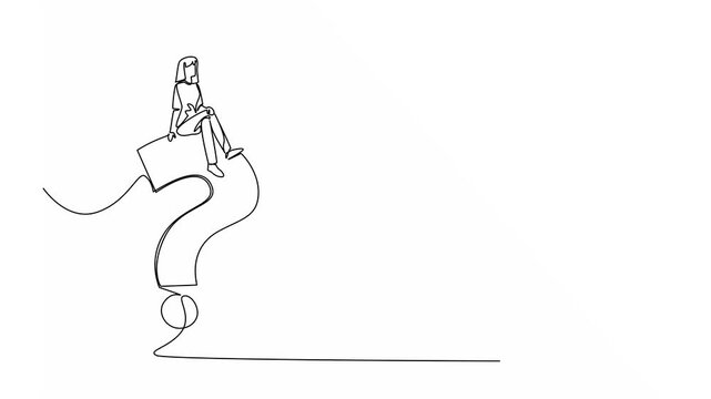Animated self drawing of continuous one line drawing a woman sitting on a big question mark symbol and a light bulb. Reliable analyst problem solver. National Creativity Day. Full length animation