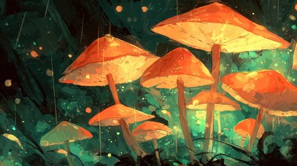 Artistic depiction of luminous mushrooms in a dark forest like environment with soft lighting