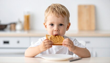 young child eating slice of peanut butter on toast for breakfast, allergen exposure theme