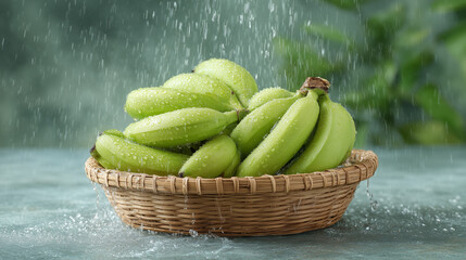 Fresh Green Bananas in a Basket with Water Droplets Against a Soft Green Background