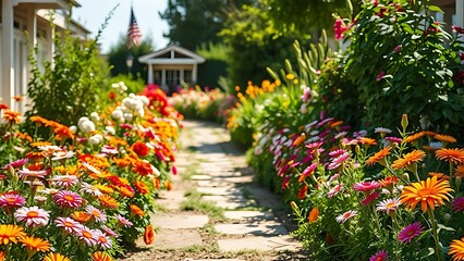 A sunny garden path adorned with colorful flowers, evoking a cheerful and peaceful outdoor ambiance.