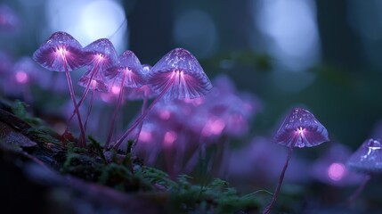 Close up of luminous purple glowing mushrooms in a dark forest setting