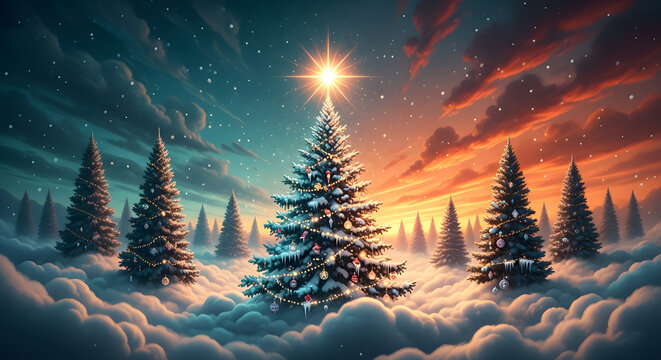 Magical christmas tree in snowy forest under starry sky - Powered by Adobe