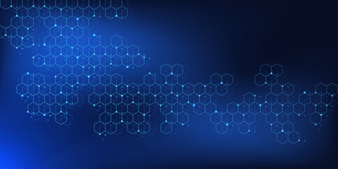 Abstract science and technology background with hexagons pattern. Futuristic design with molecular structure and chemical engineering. Vector
