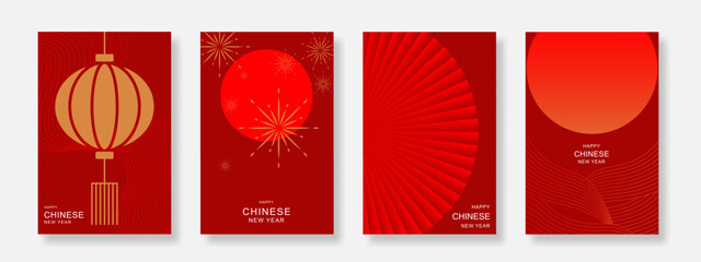 Chinese New Year poster background set. Modern art design with Chinese lantern, firework, fan and landscape. Suitable for cover, banner and card. Vector
