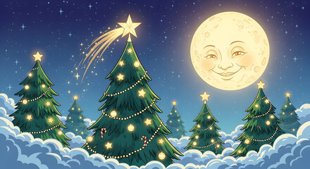 Whimsical christmas trees under a smiling moon and shooting star