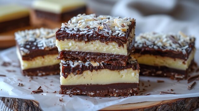 A stack of layered chocolate and vanilla dessert bars on a white plate with golden trim edge