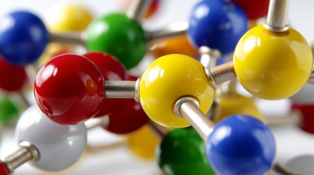 Scientific Molecular Model in Natural Light: Colorful Plastic Spheres and Sticks in Environmental Composition, Back View with Shallow Depth of Field