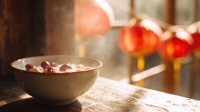 laba. Steaming bowl of Laba porridge with dates and nuts on wooden table. menu design, packaging mockups, designed for culinary blogs and recipe cards for restaurants, supports restaurant marketing.