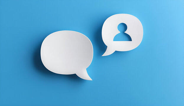 Two speech bubbles on a blue background symbolize communication and interaction in the business world.