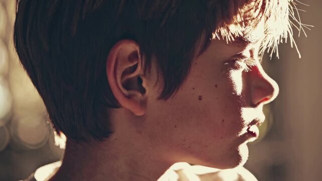 Close-up side profile of a young boy in soft focus, capturing a thoughtful expression. The video uses a warm, natural light for an intimate feel.