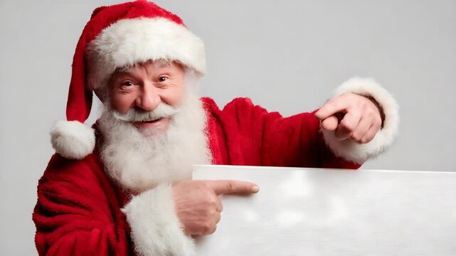 Santa Claus in a red suit and hat with a white beard, pointing at a blank white sign.