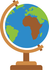 A simple depiction of a globe rests on a wooden stand, showcasing continents and oceans.